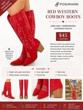 Women's Red Western Knee-High Boots with Embroidered Detail